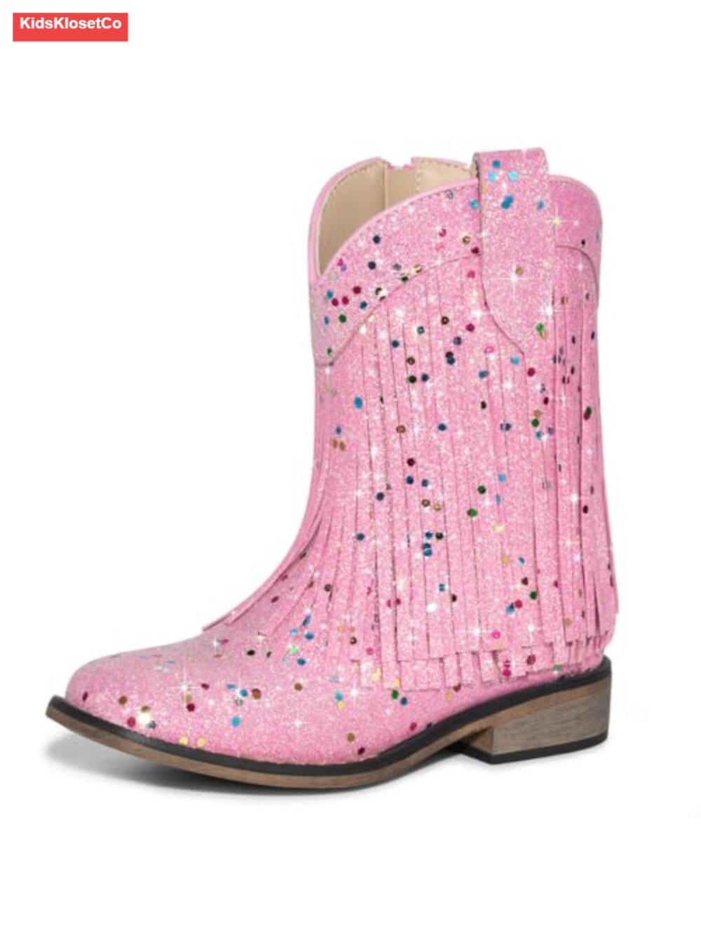 Kids Glitter Fringe Cowgirl Boots Square Toe Sparkle Boots with Zipper
